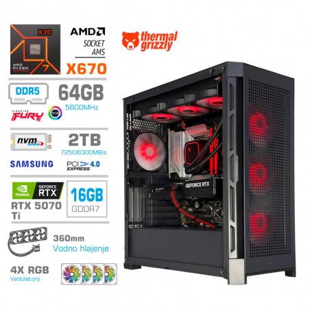 Gaming računalnik MEGA S11 AMD Ryzen 7-9800X3D | RTX 5070Ti | 64GB-DDR5 | 2TB-NVMe | Brez OS | Črn + Estetski kabli