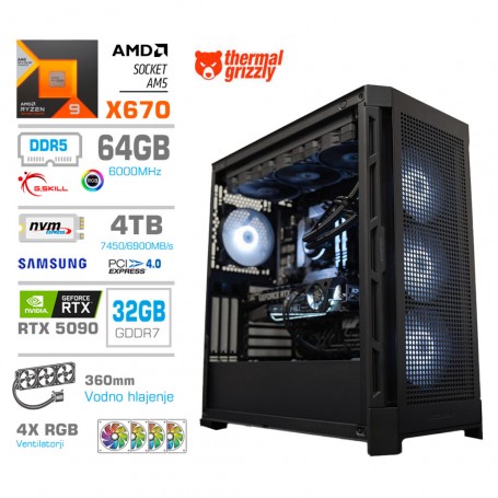 Gaming računalnik MEGA S11 AMD Ryzen 9-9950X | RTX 5090 | 64GB-DDR5 | 4TB-NVMe | Brez OS | Vodno hlajenje | Črn