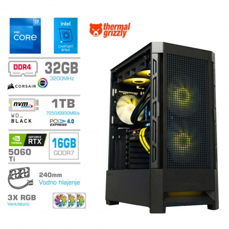 Gaming računalnik MEGA S8 Intel Core i7-12700K | RTX5060Ti-16GB | 32GB | 1TB-NVMe | Brez OS | Črn + Estetski kabli