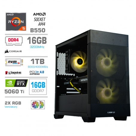 Gaming računalnik MEGA S7X AMD Ryzen 5-5600X | RTX5060Ti-16GB |16GB | 1TB-4.0-NVMe | Brez OS | Črn + Estetski kabli