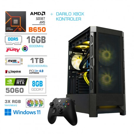 Gaming računalnik MEGA S8 AMD Ryzen 5-7600 | RTX5060 | 16GB-DDR5 | 1TB-NVMe | Win 11 Home | Črn + Estetski kabli * DARILO *