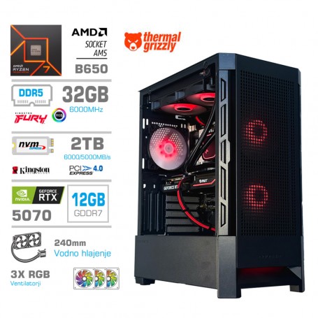 Gaming računalnik MEGA S8 AMD Ryzen 7-7700X | RTX5070 | 32GB-DDR5 | 2TB-NVME | Brez OS | Črn + Estetski kabli