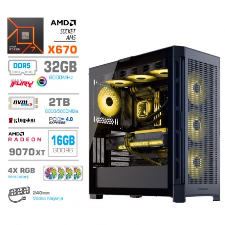 Gaming računalnik MEGA S11 AMD Ryzen 7-9700X | RX9070 XT | 32GB-DDR5 | 2TB-NVMe | Brez OS | Črn + Estetski kabli
