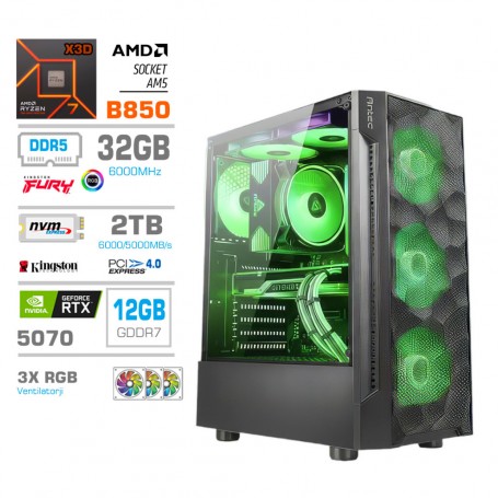 Gaming računalnik MEGA S7 AMD Ryzen 7-7800X3D | RTX5070 | 32GB-DDR5 | 2TB-NVMe | Brez OS | Črn + Estetski kabli