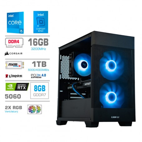 Gaming računalnik MEGA S7X Intel Core i5-14400F | RTX5060 | 16GB | 1TB-NVMe | Brez OS | Črn + Estetski kabli