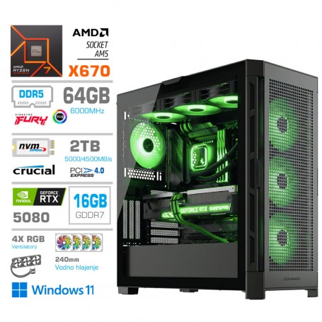 Gaming računalnik MEGA S11 AMD Ryzen 7-7800X3D | RTX5080 | 64GB-DDR5 | 2TB-NVMe | Win 11 Home | Črn + Estetski kabli