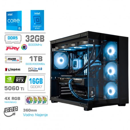 Gaming računalnik MEGA S5 Intel Core i5-14600K | RTX5060Ti-16GB | 32GB-DDR5 | 1TB-NVMe | Brez OS | Črn + Estetski kabli