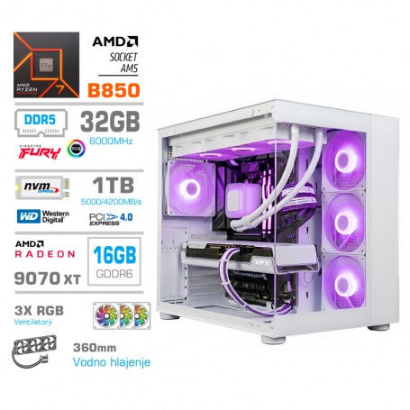 Gaming računalnik MEGA S5 AMD Ryzen 7-7700X | RX9070 XT | 32GB-DDR5 | 1TB-NVMe | Brez OS | Bel + Estetski kabli