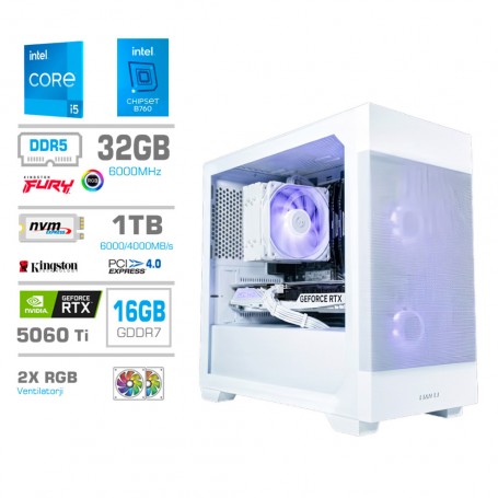 Računalnik MEGA MT S7X i5-14400F/RTX5060Ti-16GB/32GB-DDR5/1TB-4.0/750W/Brez OS/bela RGB + Este...