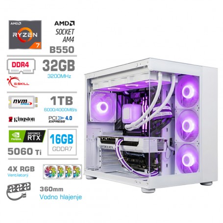 Računalnik MEGA MT S5 R7-5700X/RTX5060Ti-16GB/32GB/1TB/750W/Brez OS/bela RGB + Estetski napaja...